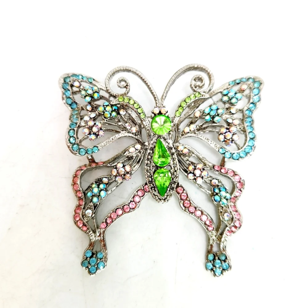 Vtg Large Silver Tone Pastel AB Rhinestone Crystal Butterfly Insect Brooch Pin - Picture 1 of 6